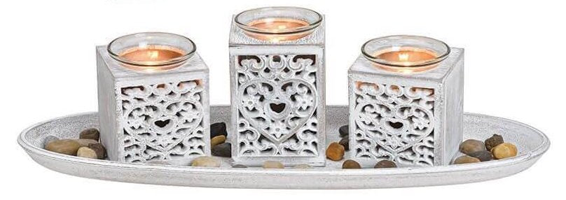 Bougeoir en bois gris pour 3 bougies chauffe-plats