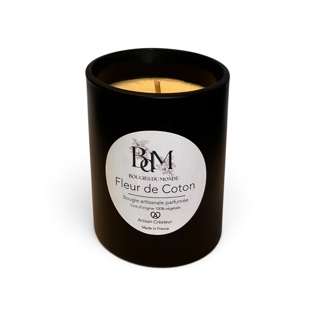 Bougie végétale parfumée fleur de coton verre noir 150g - Bougies du Monde