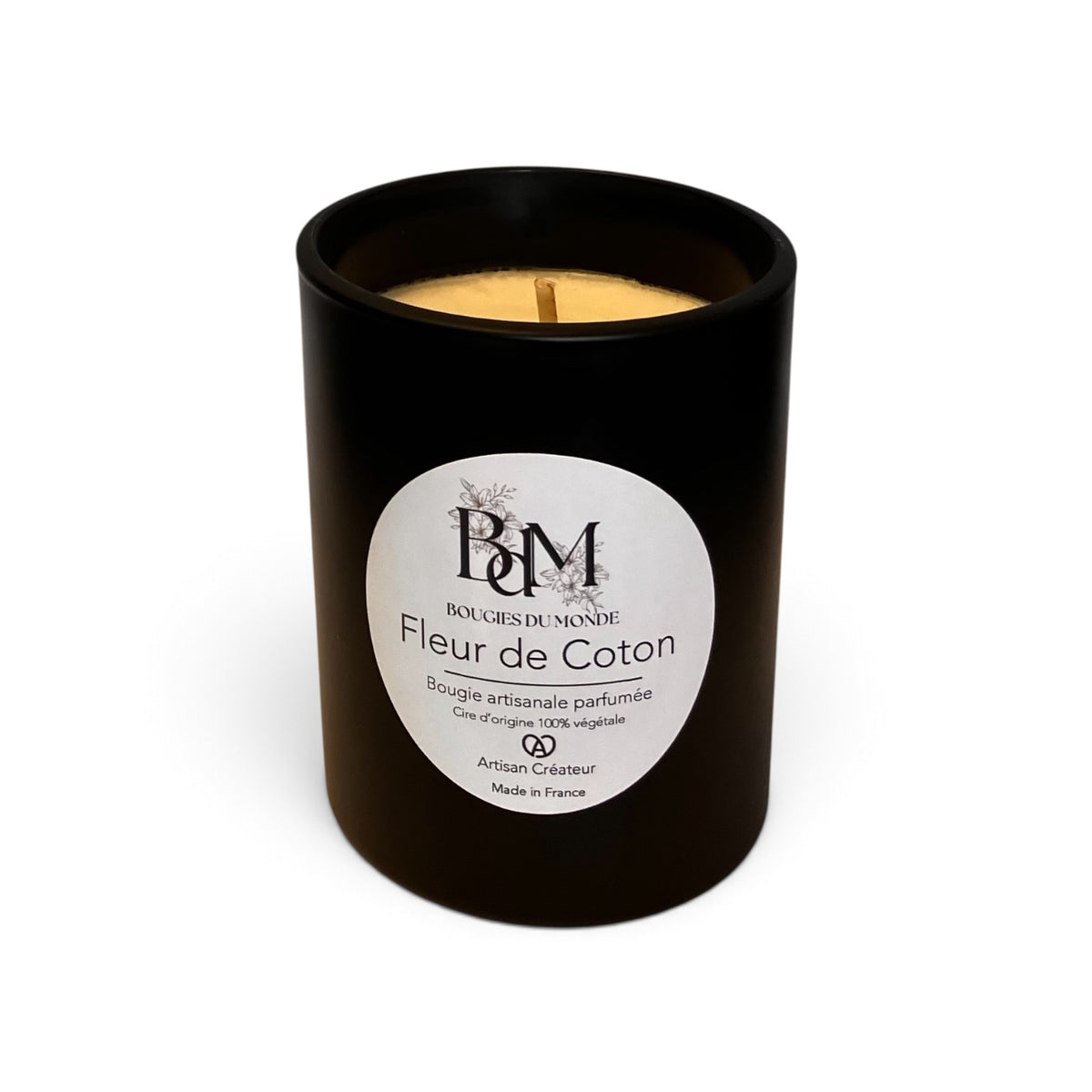 Bougie végétale parfumée fleur de coton verre noir 150g - Bougies du Monde