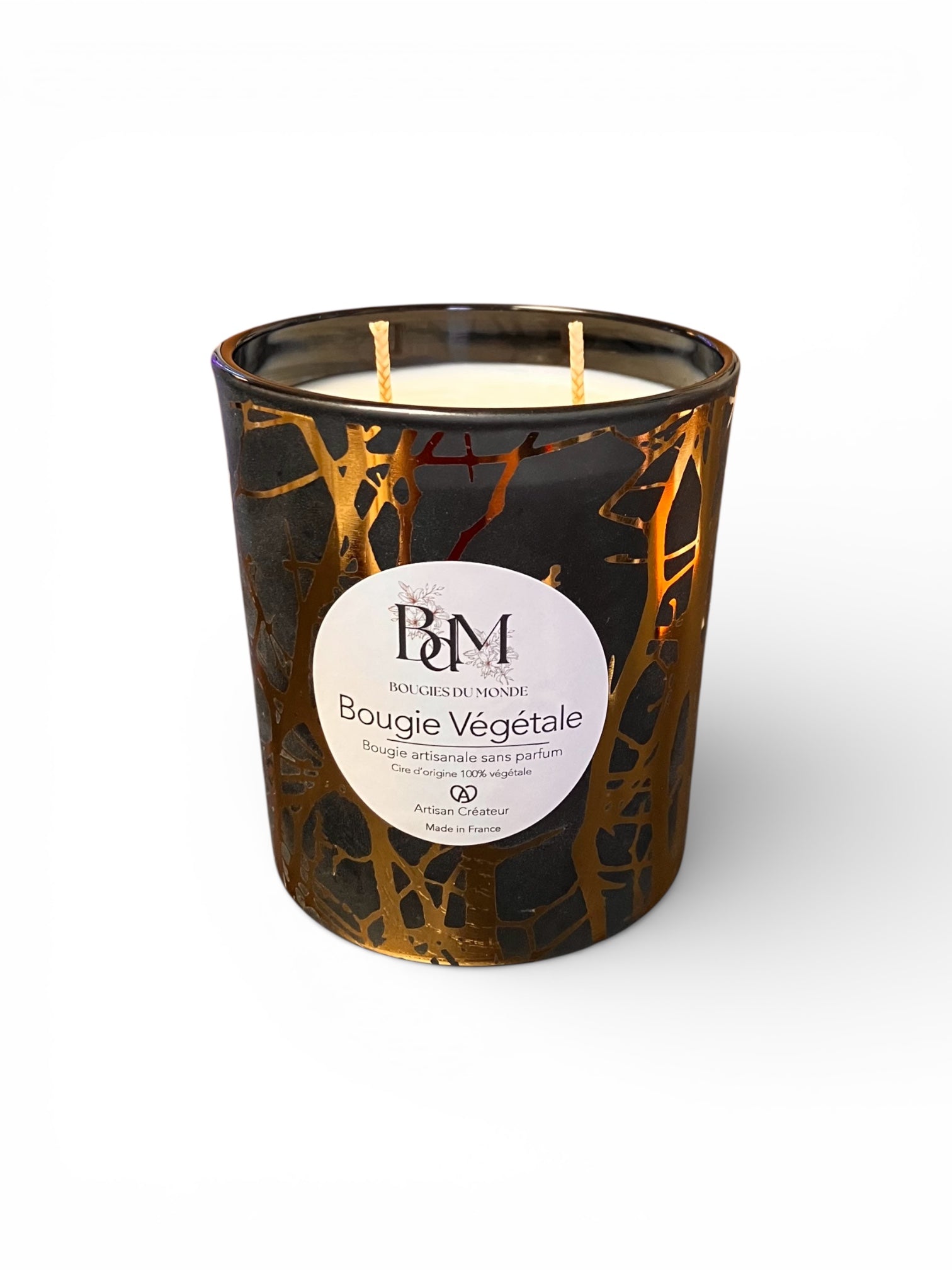 Bougie végétale naturelle sans parfum 2 mèches - Noir et Or