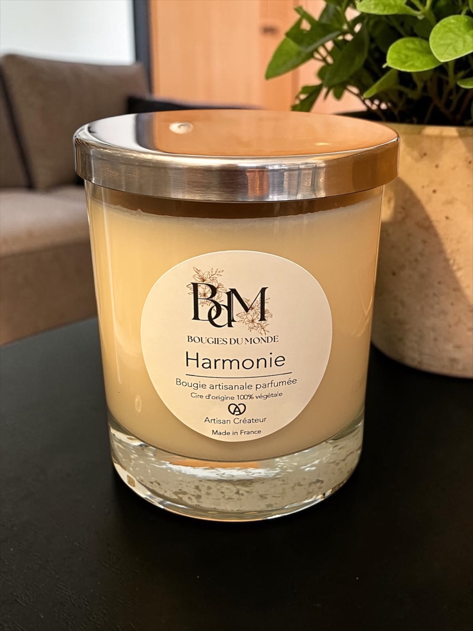 Bougie végétale Harmonie parfum ambré sensuel fabriquée en France - Bougies du Monde
