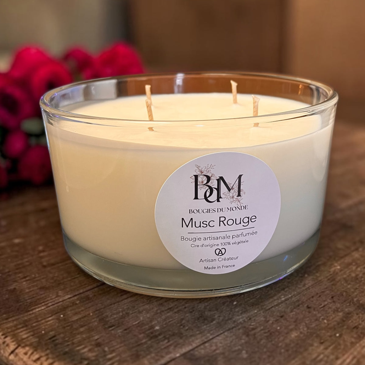 Bougie végétale artisanale 4 mèches - Musc rouge de bougies du Monde