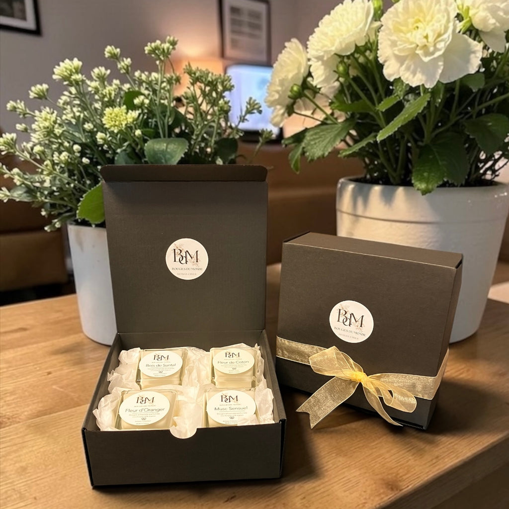 coffret cadeau 4 bougies artisanales végétales parfumées -  Idée cadeau Noël Bougies du Monde France Alsace Mulhouse
