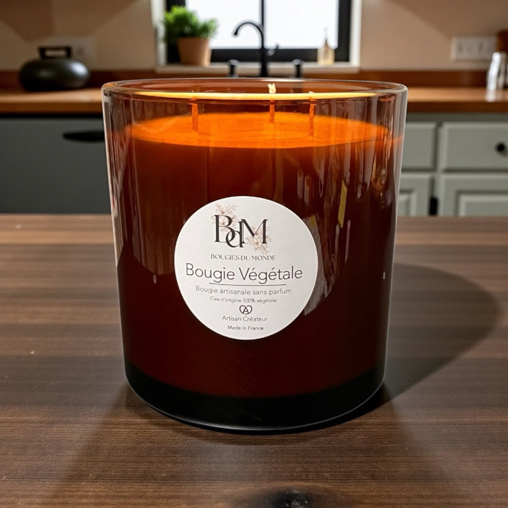 Grande bougie de luxe sans parfum - Cire 100% d'origine végétale - Fabrication artisanale Bougies du Monde - France - Made in Alsace