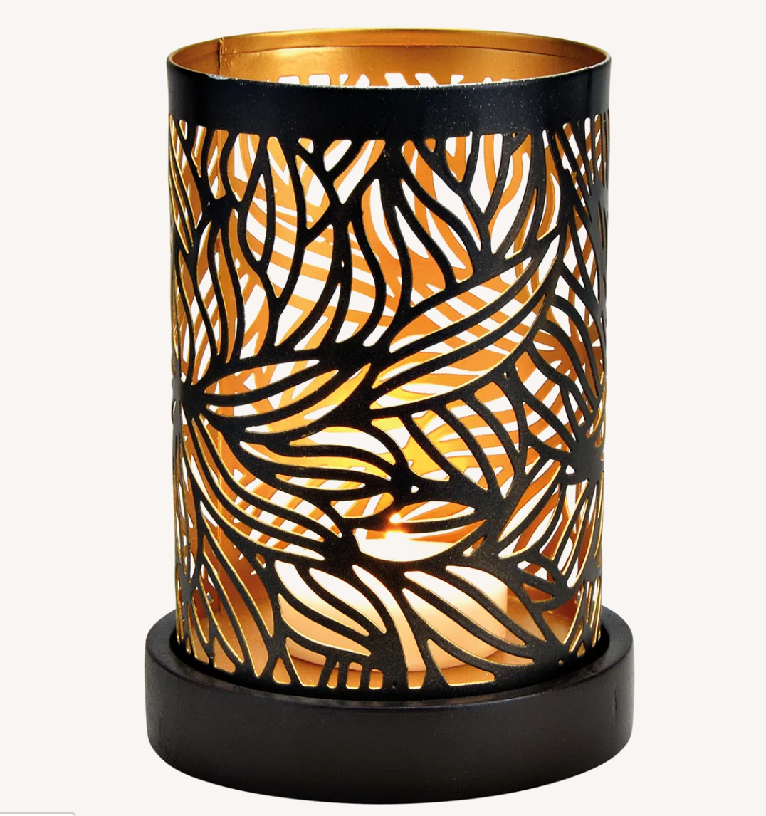 Photophore métal noir & or avec socle en bois