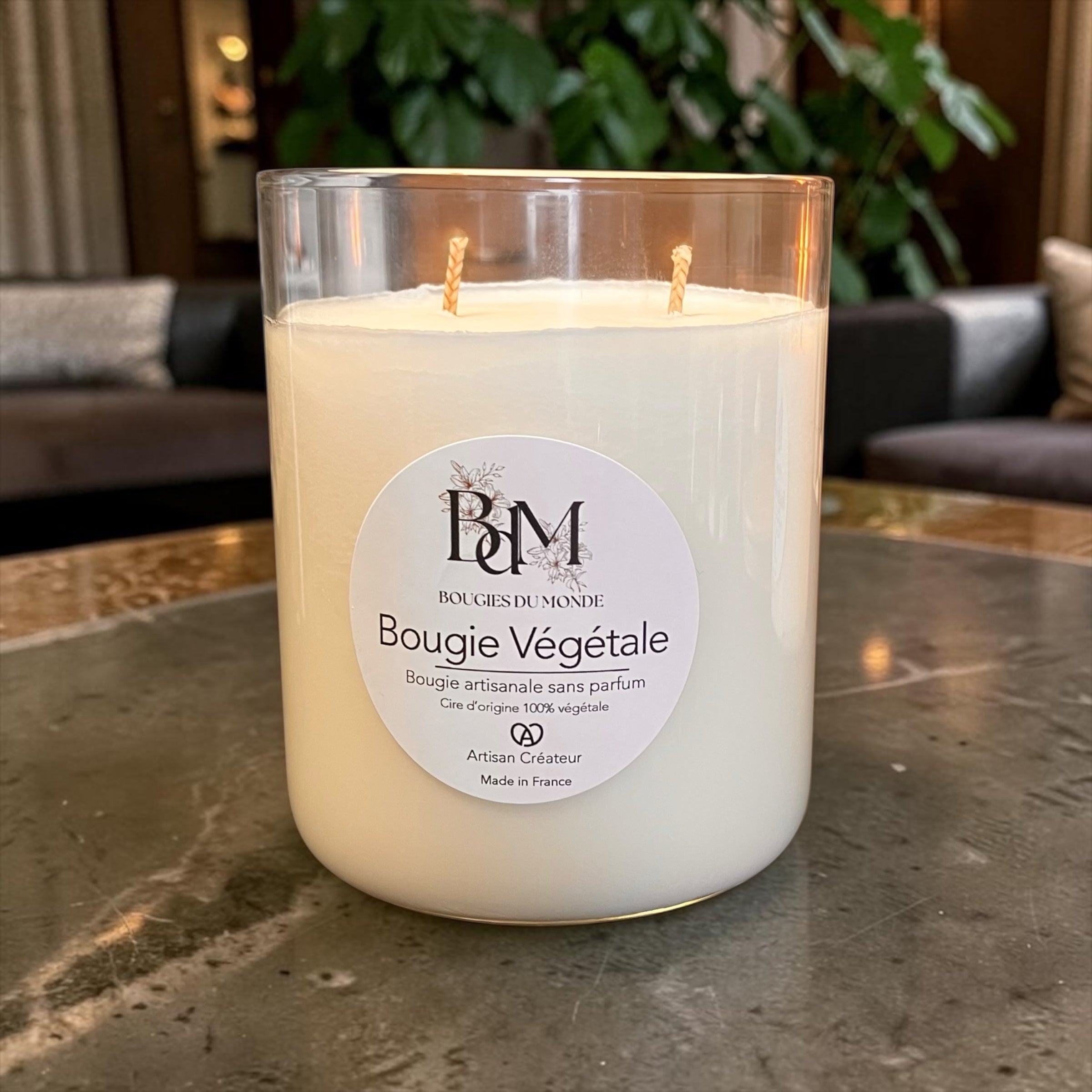 Bougie végétale naturelle sans parfum 2 mèches - Bocal 450ml
