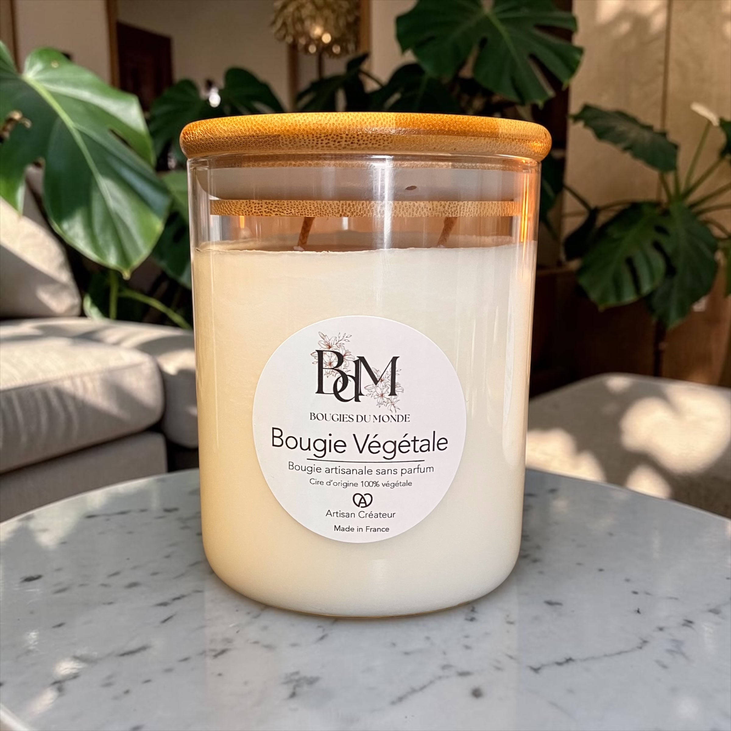 Bougie végétale naturelle sans parfum 2 mèches - Bocal 450ml