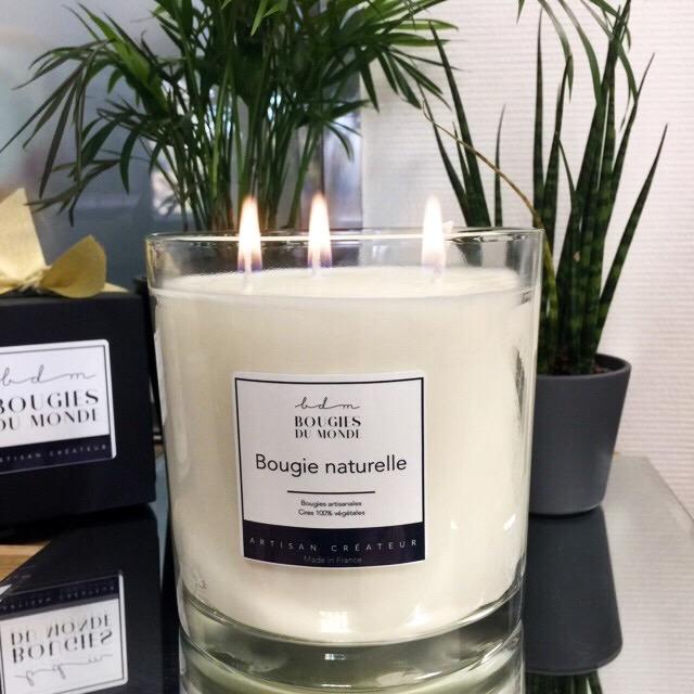 Grande bougie artisanale trois mèches sans parfum 100% cire végétale
